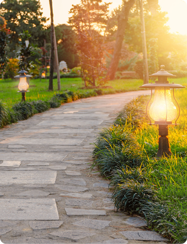Serene walkway with glowing lamps