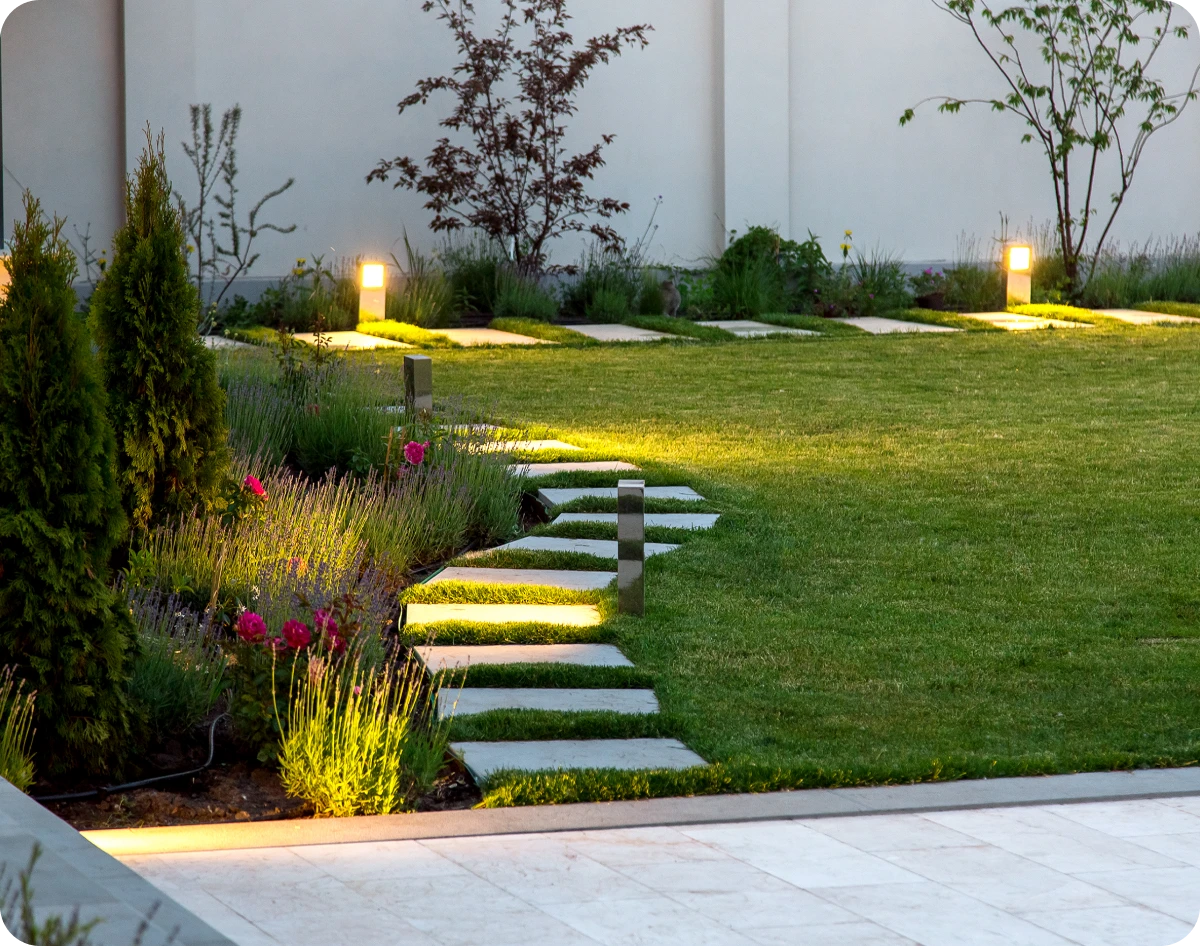 Modern garden landscape with glowing lights